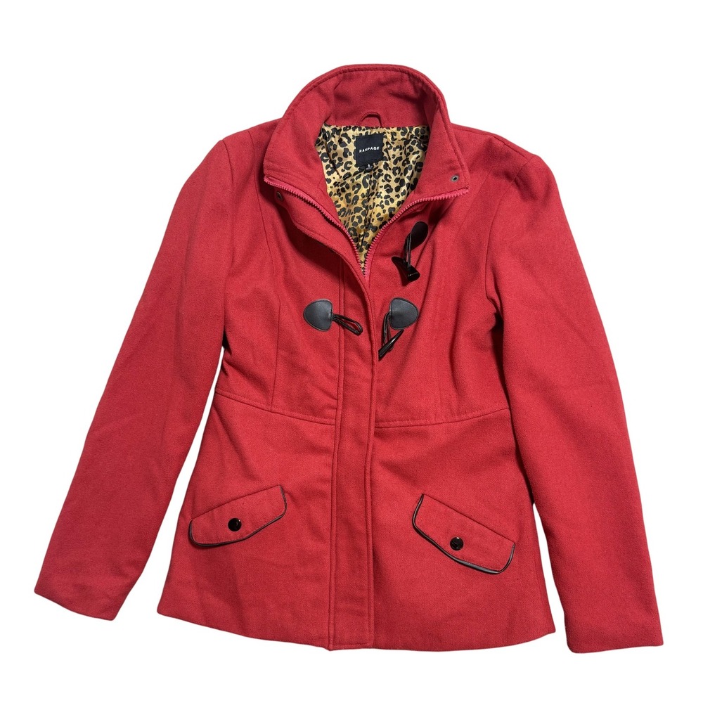Rampage Jacket Womens Small Red Toggle Duffle Style Leopard Lining Zip Front